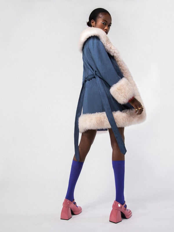 Star Blue Shearling Collar Trench Coat