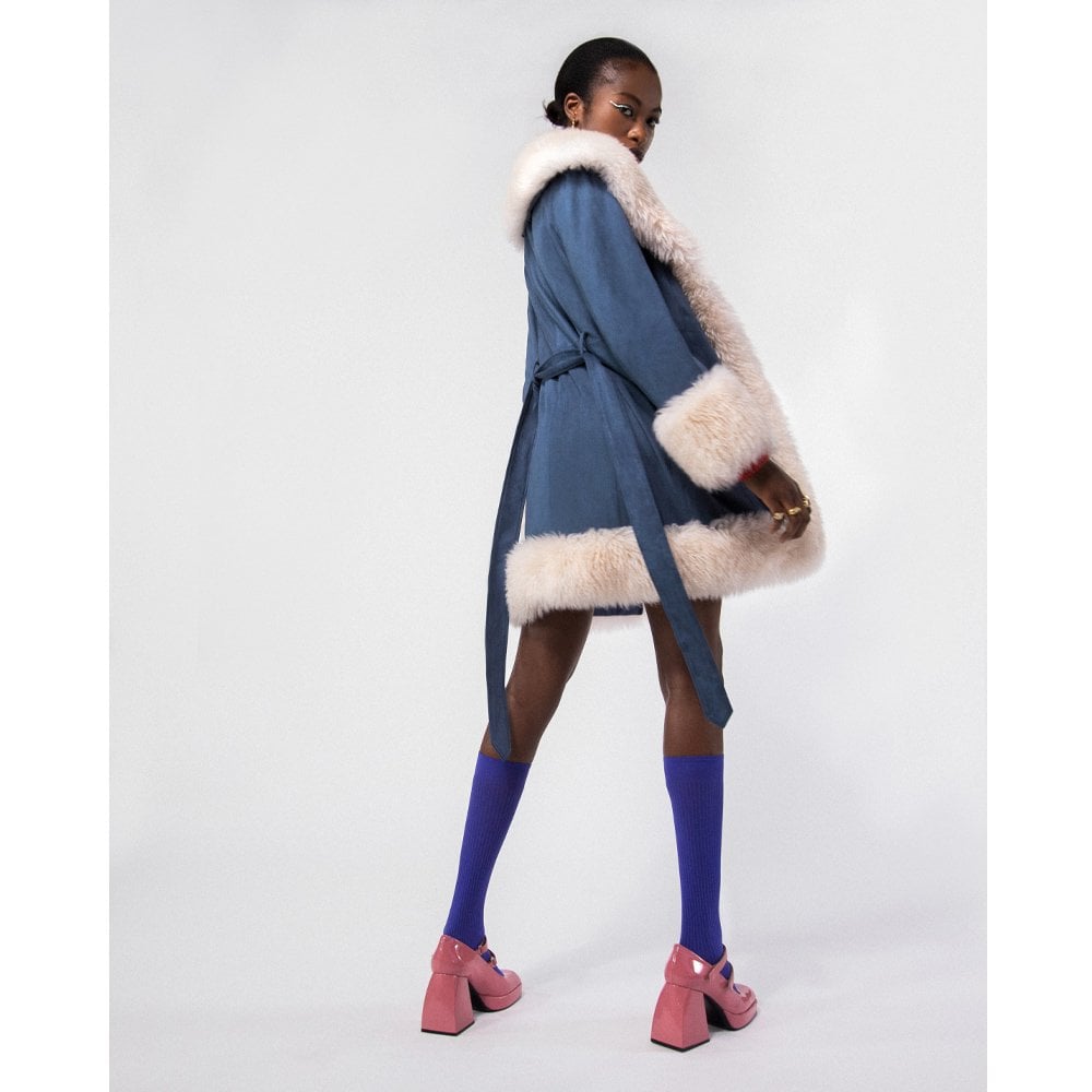 Star Blue Shearling Collar Trench Coat