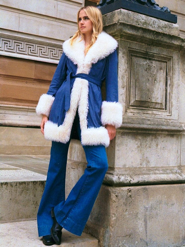 Star Blue Shearling Collar Trench Coat