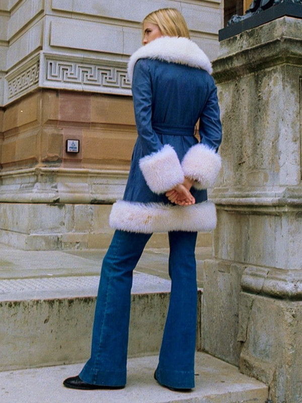Star Blue Shearling Collar Trench Coat