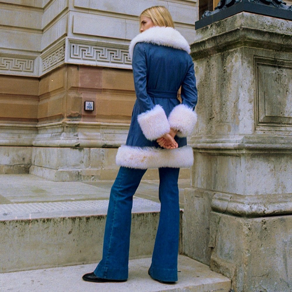 Star Blue Shearling Collar Trench Coat