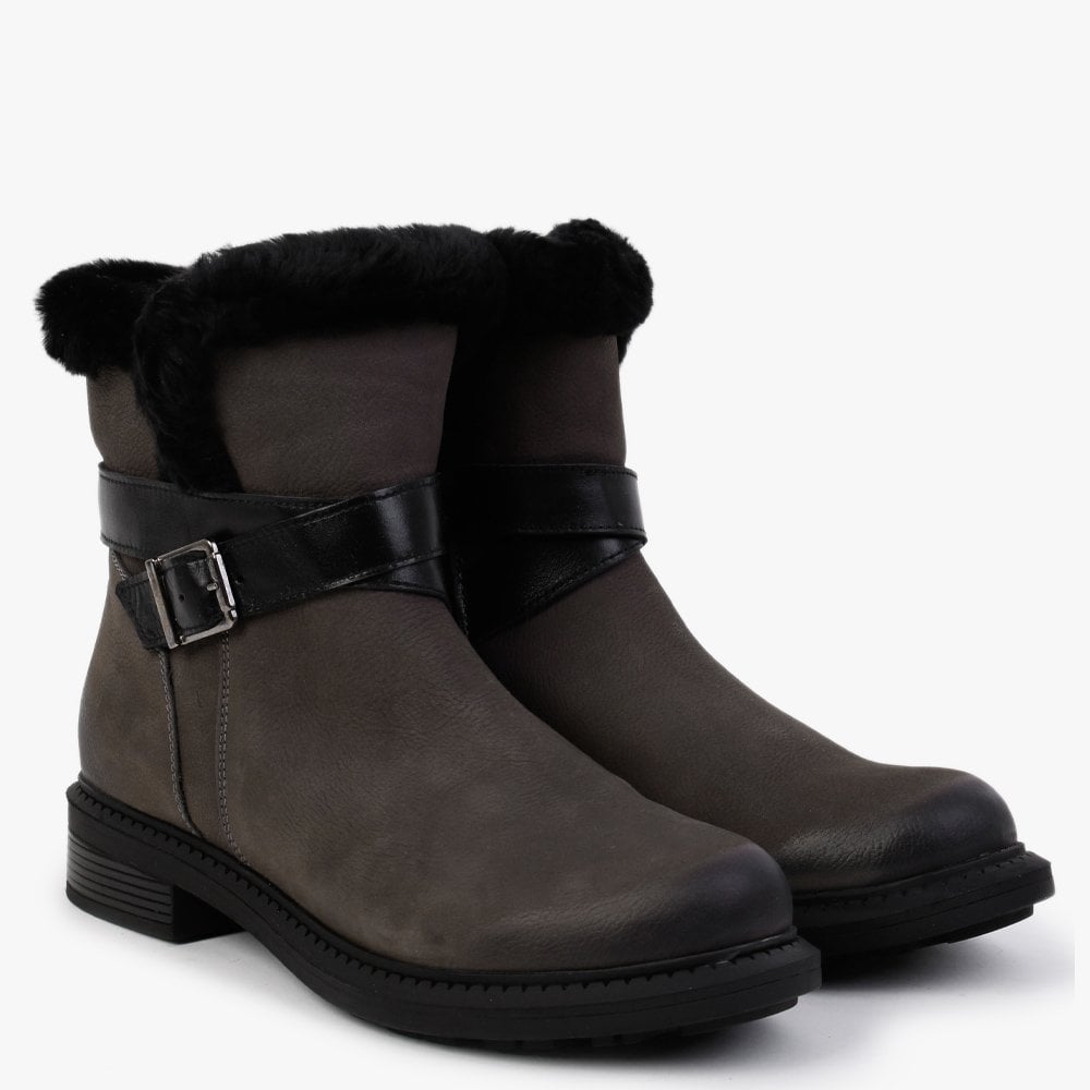 Mostly Grey Nubuck Leather Shearling Ankle Boots