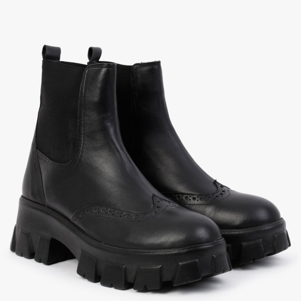Mobro Black Leather Chunky Chelsea Boots