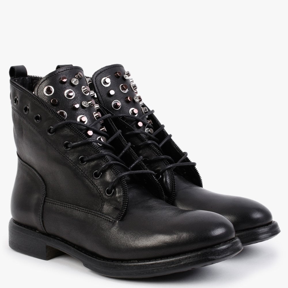 Sanstud Black Leather Studded Embellished Ankle Boots