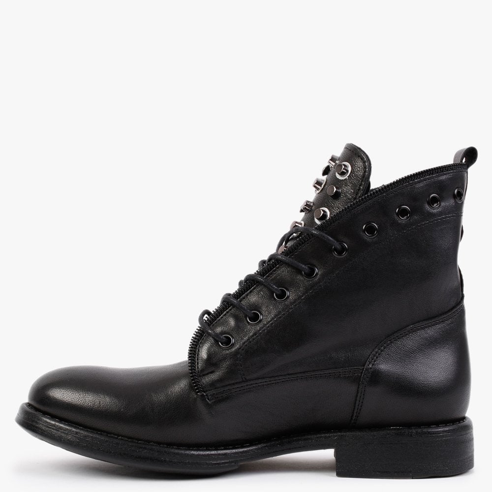 Sanstud Black Leather Studded Embellished Ankle Boots
