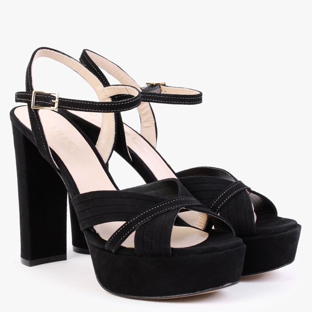Avery Black Suede Contrast Stitching Platform Heeled Sandals