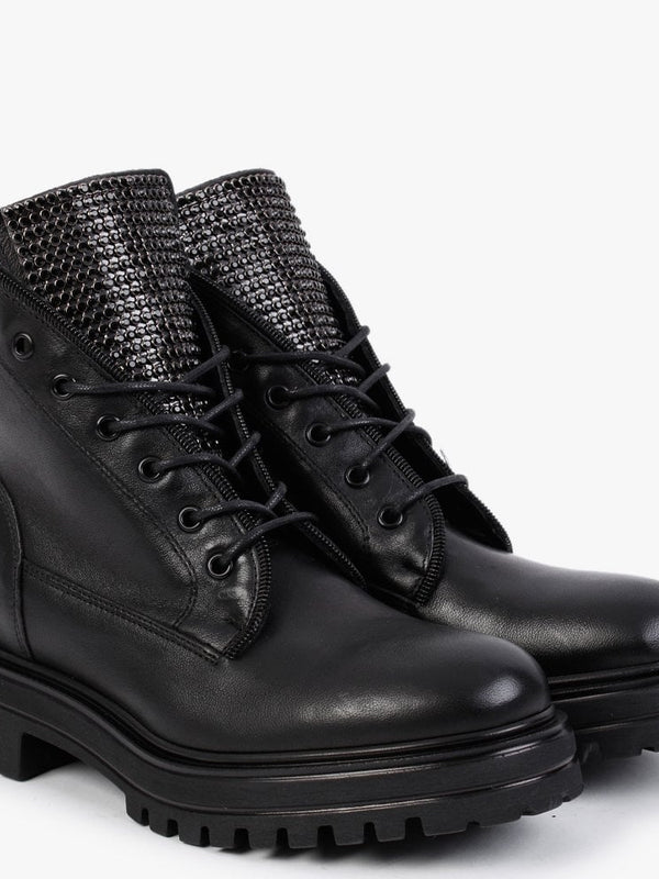 Sanlace Black Leather Diamante Embellished Ankle Boots