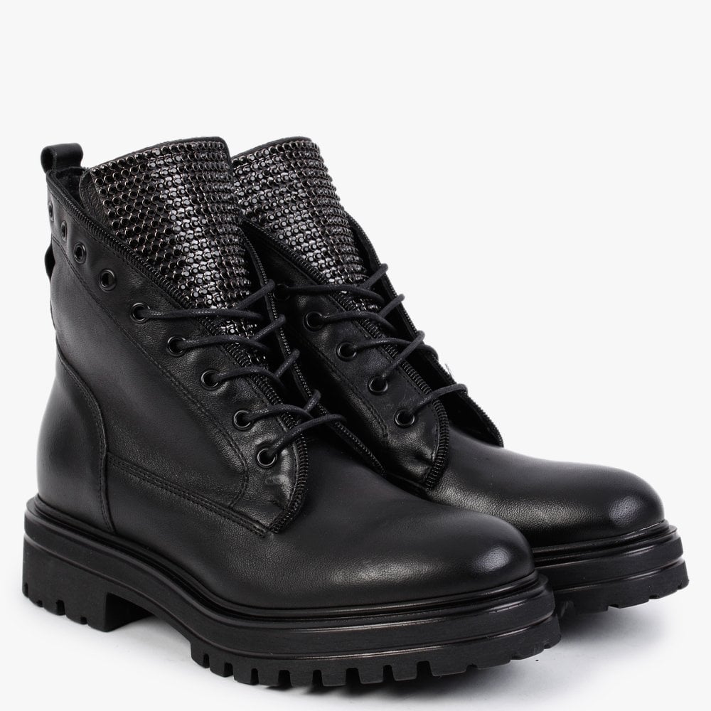 Sanlace Black Leather Diamante Embellished Ankle Boots