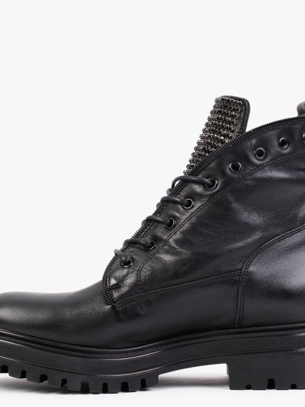 Sanlace Black Leather Diamante Embellished Ankle Boots