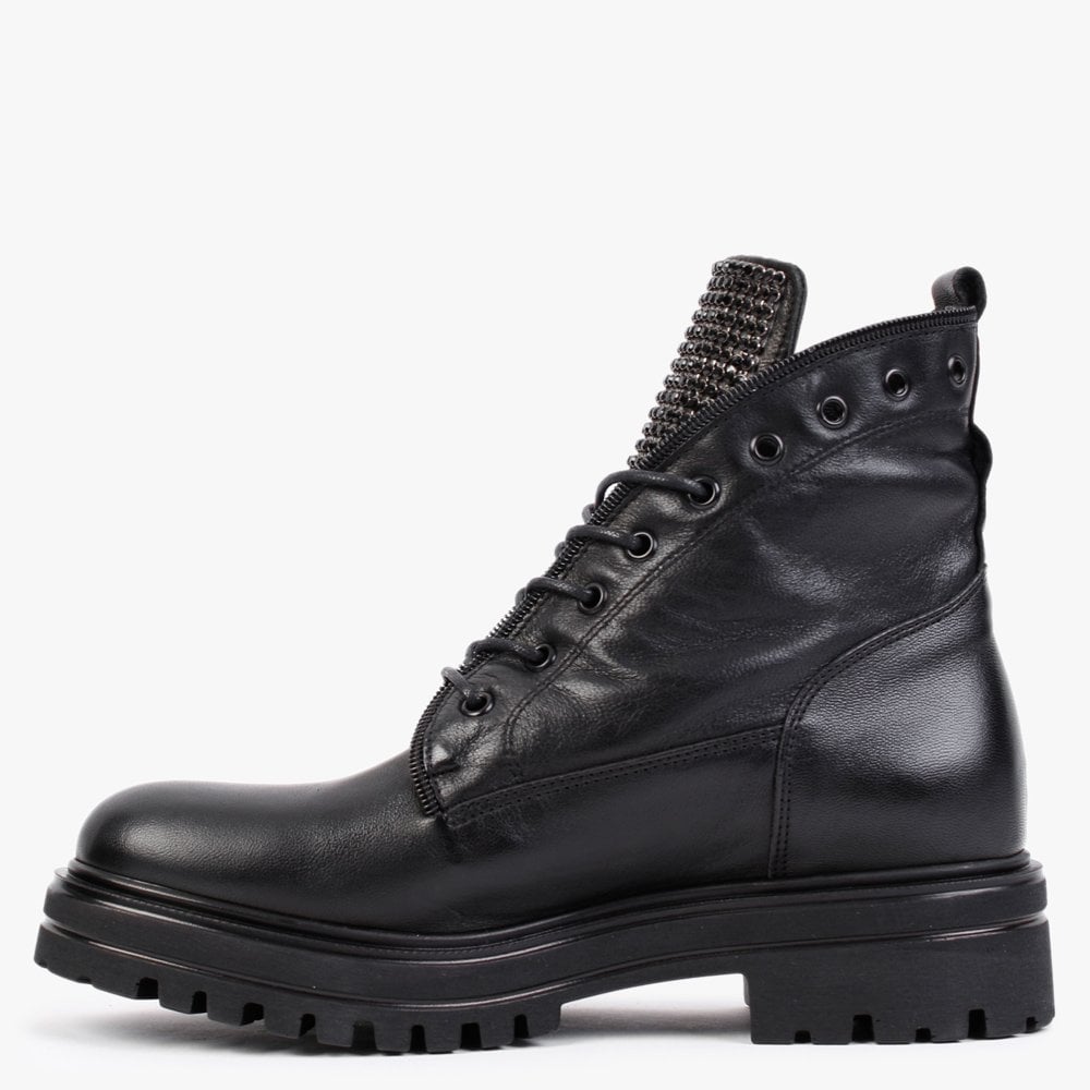 Sanlace Black Leather Diamante Embellished Ankle Boots