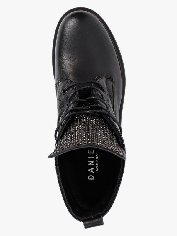 Sanlace Black Leather Diamante Embellished Ankle Boots