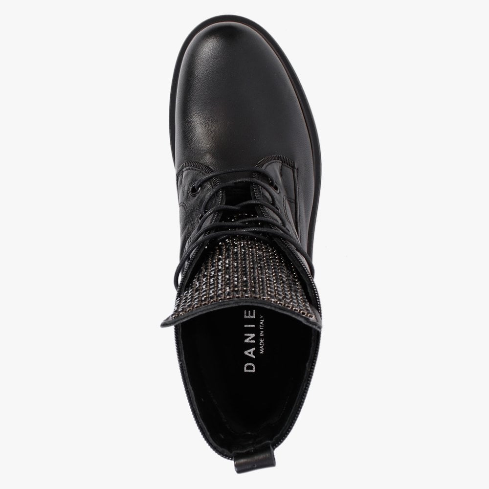 Sanlace Black Leather Diamante Embellished Ankle Boots