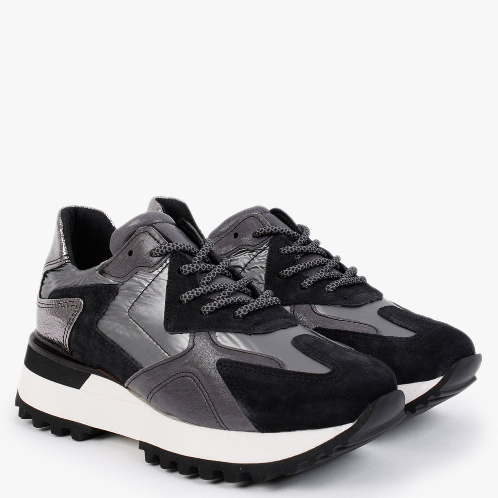 Angelica Grey & Black Leather Trainers