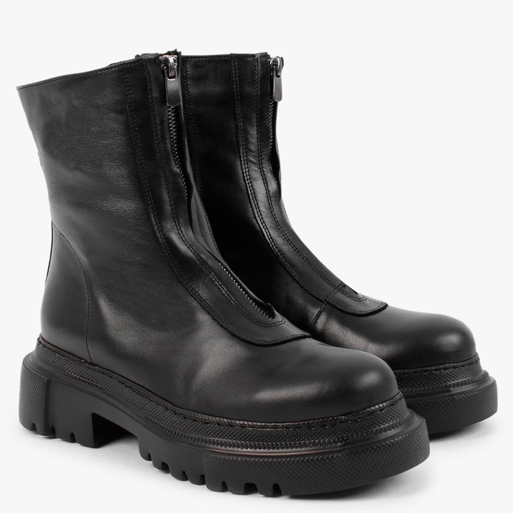 Myzip Black Leather Ankle Boots