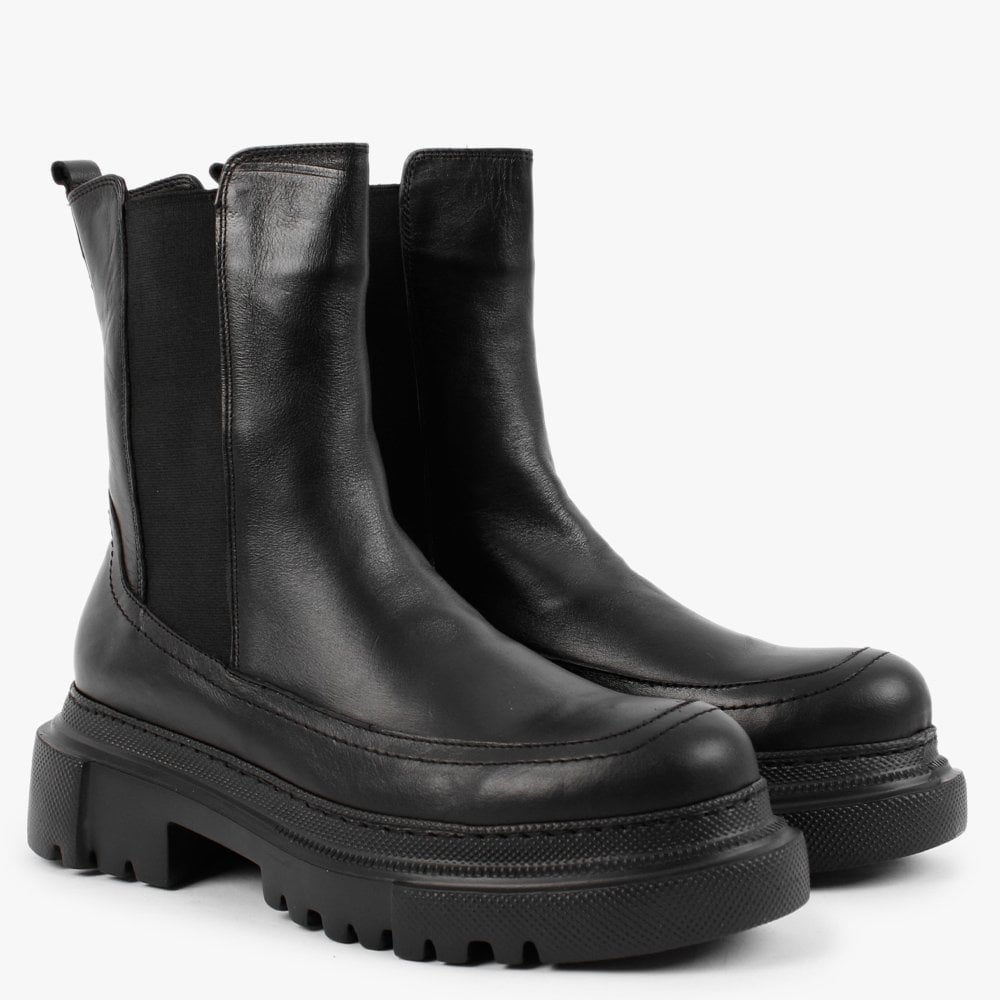 Mylas Black Leather Lug Sole Chelsea Boots