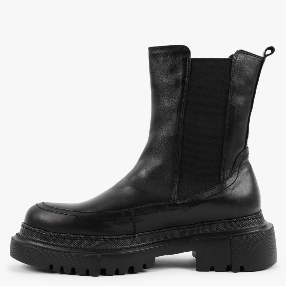 Mylas Black Leather Lug Sole Chelsea Boots