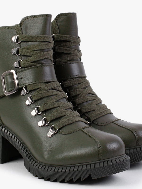 Module Khaki Leather Lace Up Ankle Boots