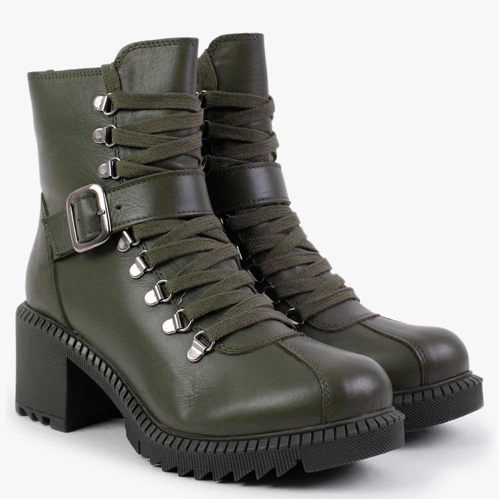 Module Khaki Leather Lace Up Ankle Boots