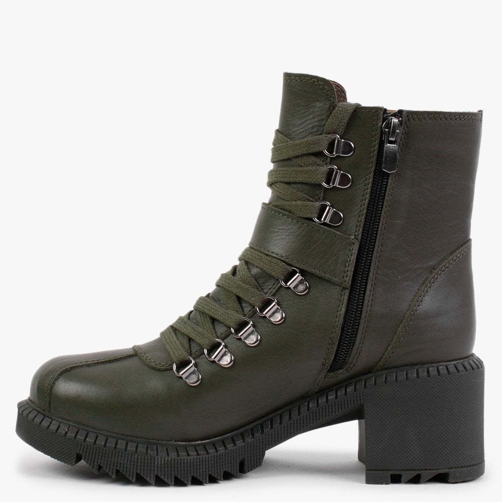 Module Khaki Leather Lace Up Ankle Boots