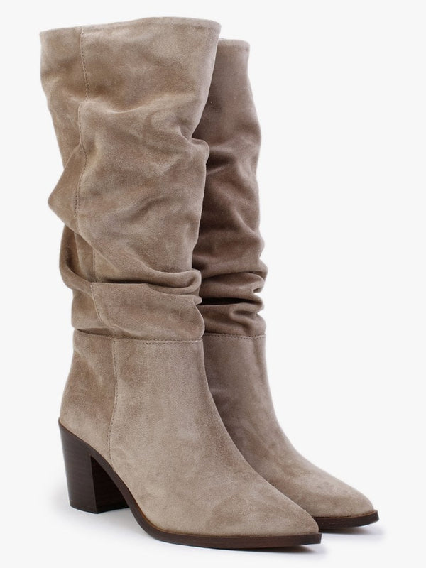 Rosemary Beige Suede Ruched Calf Boots