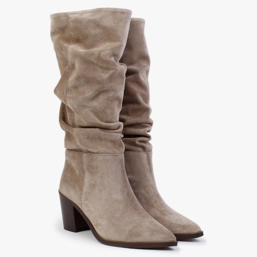 Rosemary Beige Suede Ruched Calf Boots