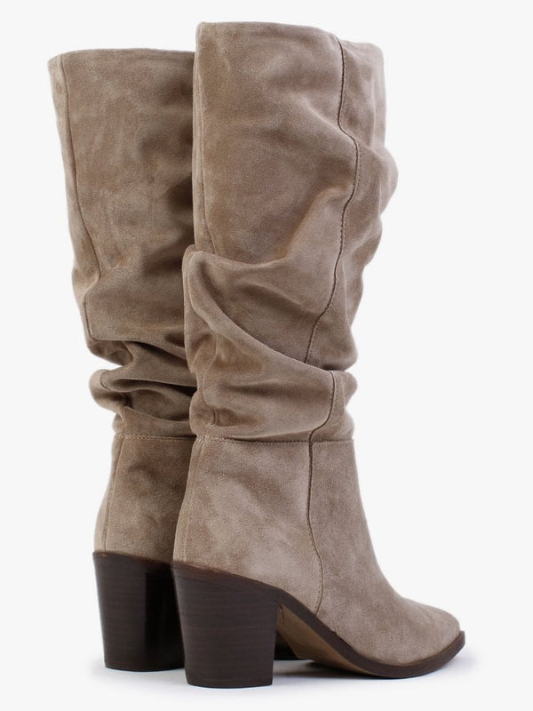 Rosemary Beige Suede Ruched Calf Boots