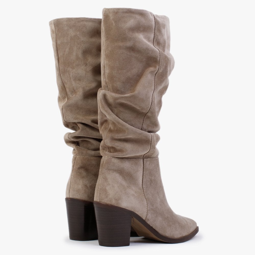 Rosemary Beige Suede Ruched Calf Boots