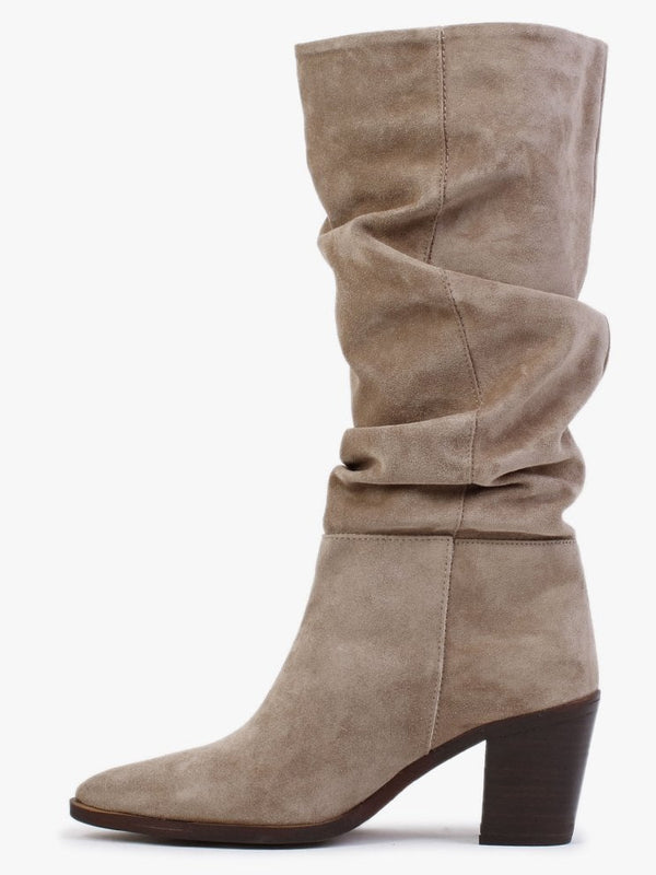 Rosemary Beige Suede Ruched Calf Boots