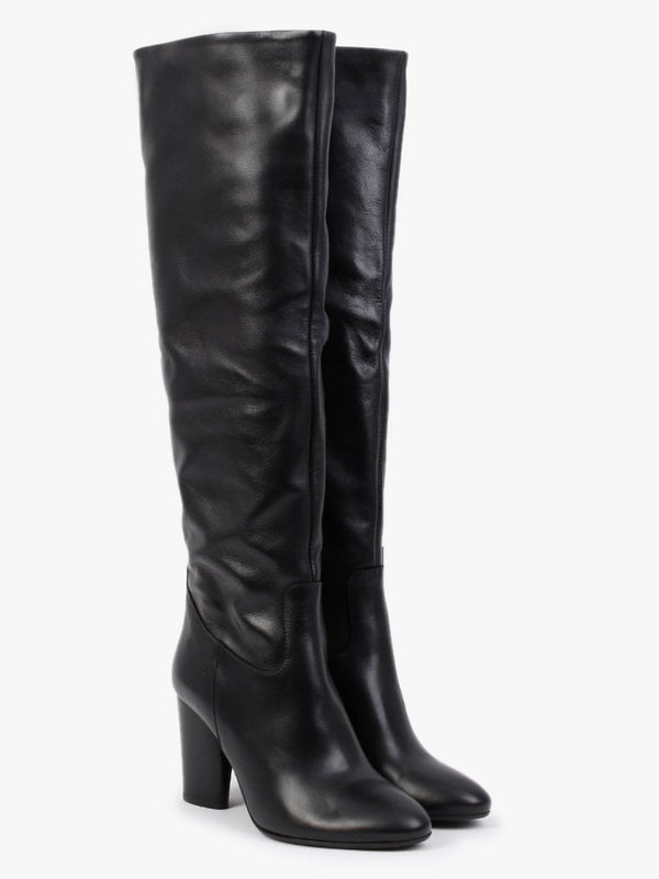 Lorna Black Leather Block Heel Over The Knee Boots