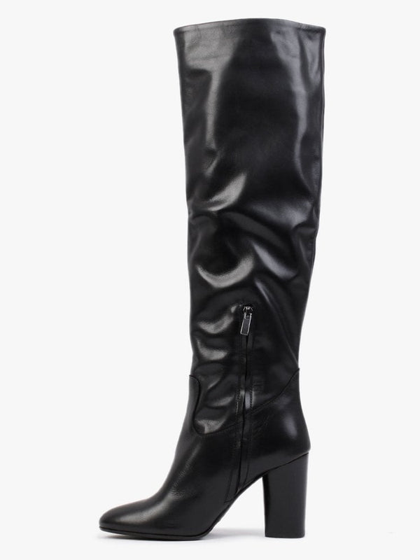 Lorna Black Leather Block Heel Over The Knee Boots