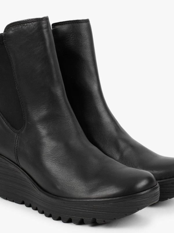 Yocy Black Leather Wedge Chelsea Boots