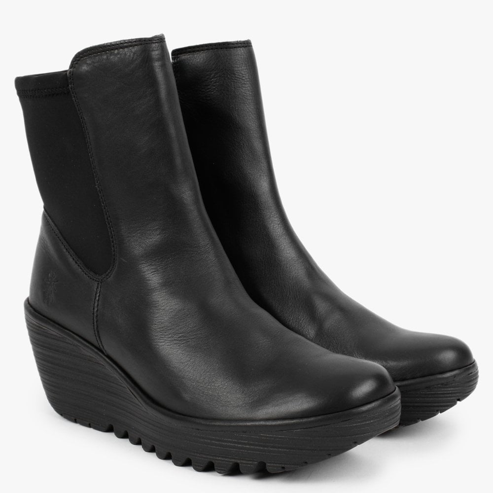 Yocy Black Leather Wedge Chelsea Boots