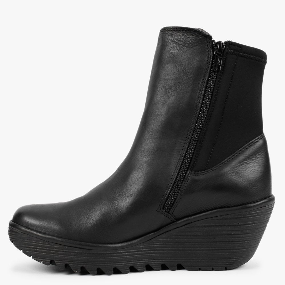 Yocy Black Leather Wedge Chelsea Boots
