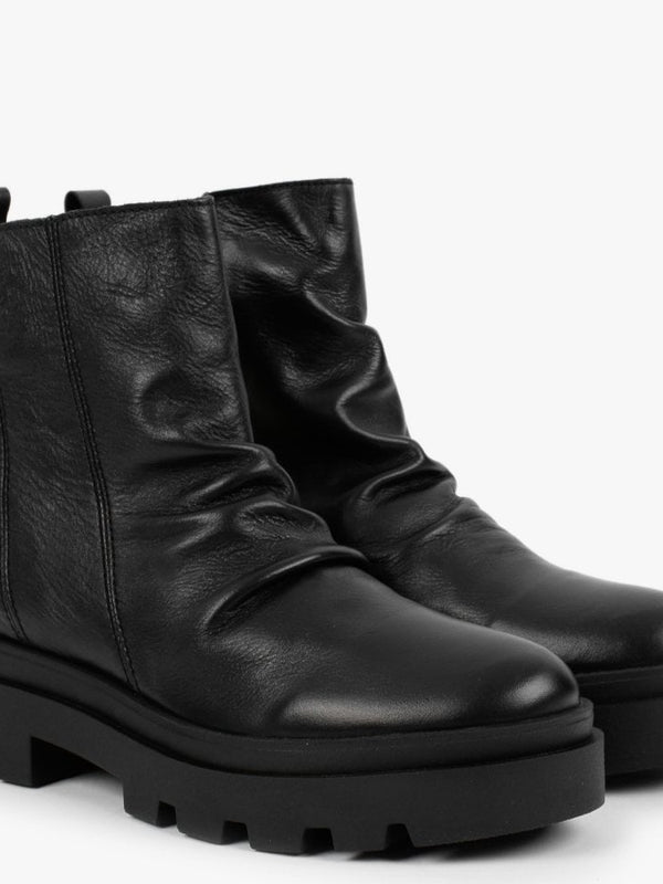 Jily Black Leather Ruched Ankle Boots