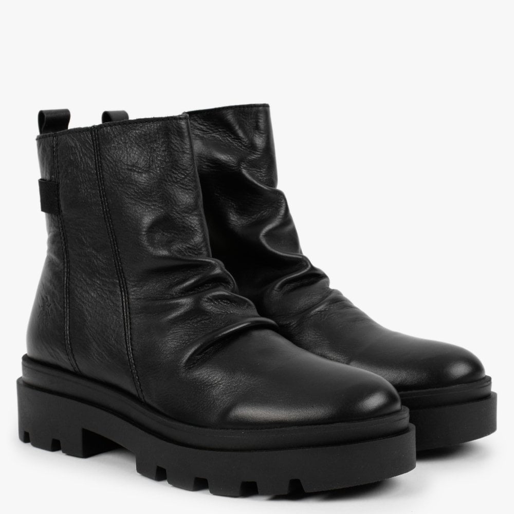 Jily Black Leather Ruched Ankle Boots