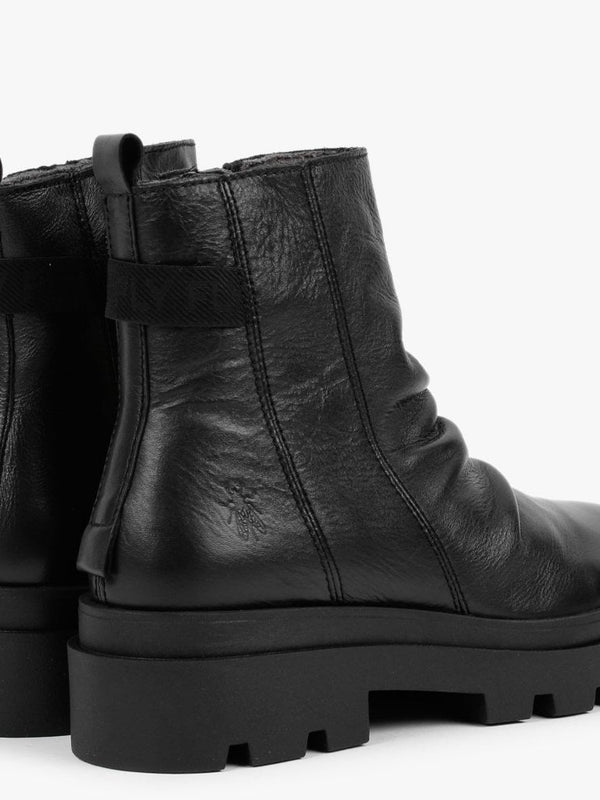Jily Black Leather Ruched Ankle Boots
