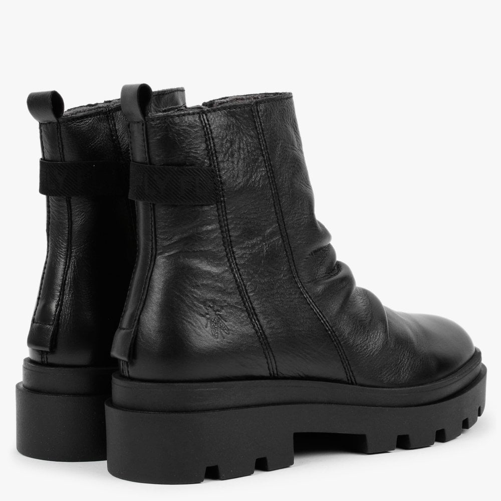Jily Black Leather Ruched Ankle Boots
