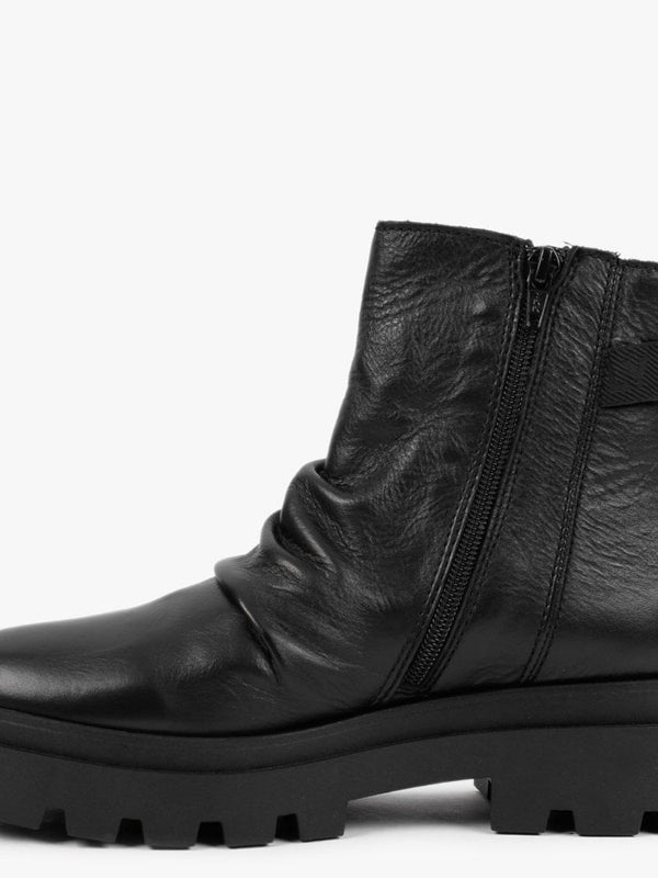 Jily Black Leather Ruched Ankle Boots