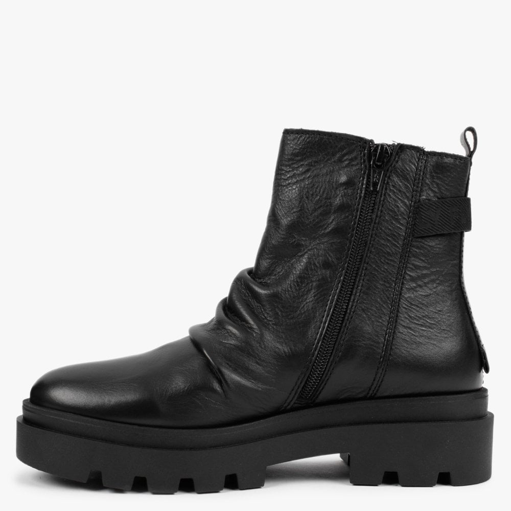 Jily Black Leather Ruched Ankle Boots