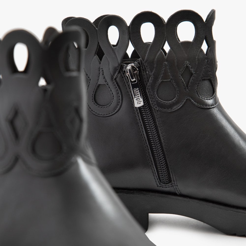 Frieda Entwined Loops Black Leather Ankle Boots