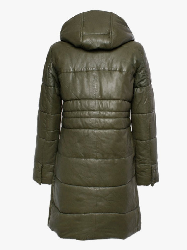 Blitz Khaki Leather Quilted Long Line Coat