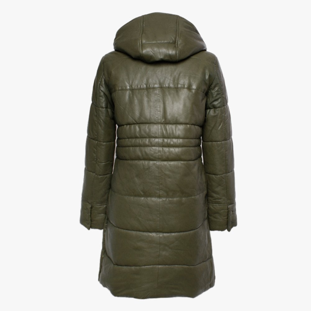 Blitz Khaki Leather Quilted Long Line Coat