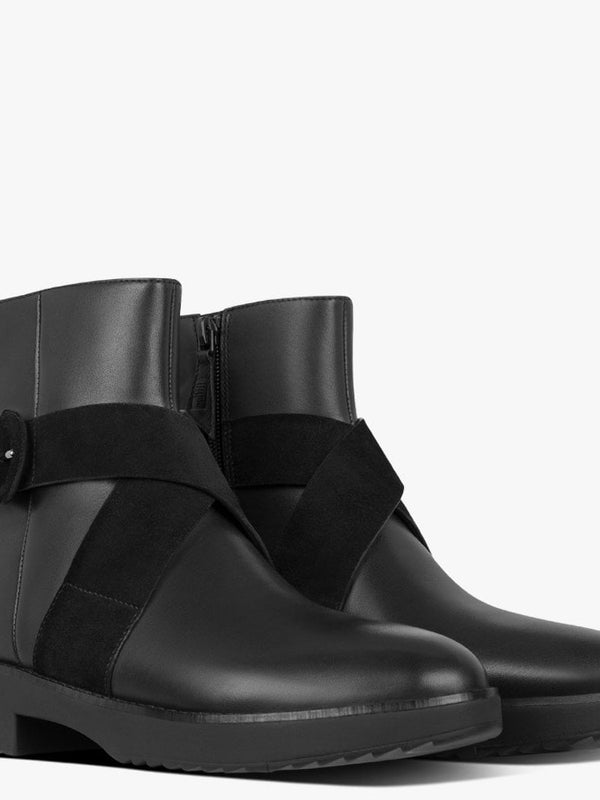 Mona Buckle All Black Leather Ankle Boots