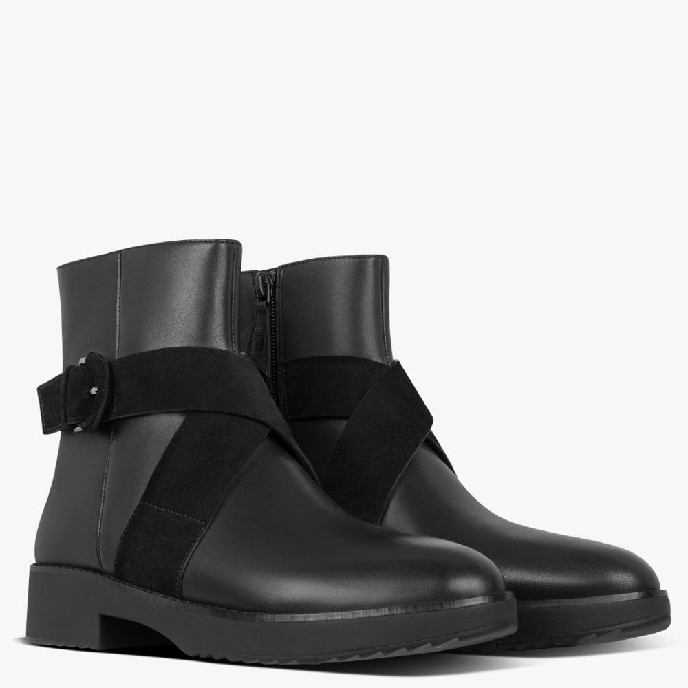 Mona Buckle All Black Leather Ankle Boots