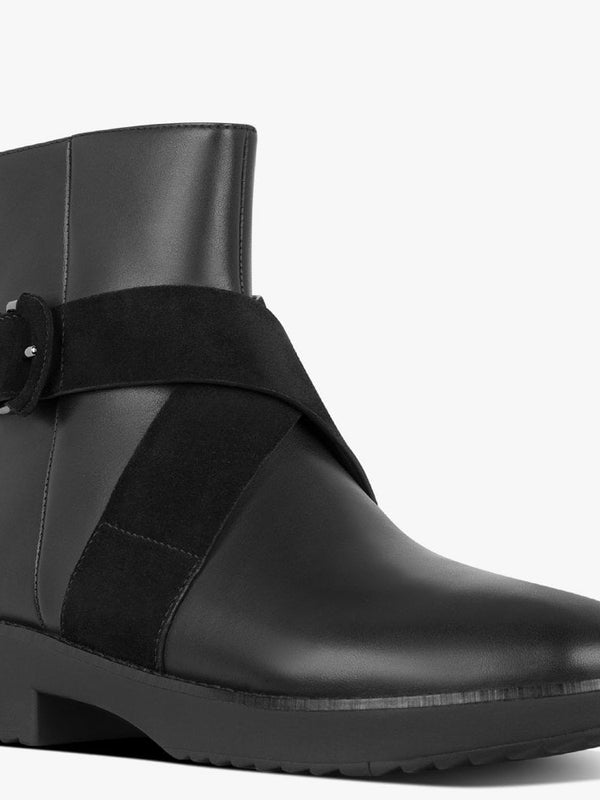 Mona Buckle All Black Leather Ankle Boots