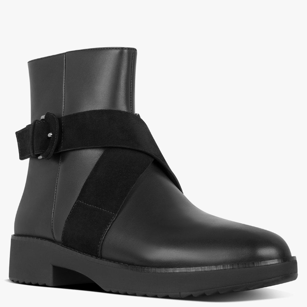 Mona Buckle All Black Leather Ankle Boots
