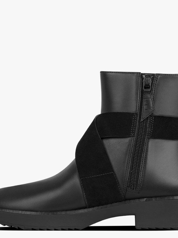 Mona Buckle All Black Leather Ankle Boots