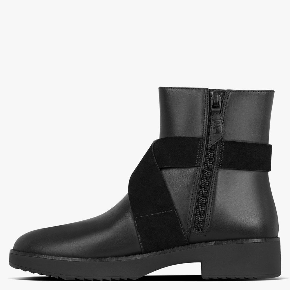Mona Buckle All Black Leather Ankle Boots