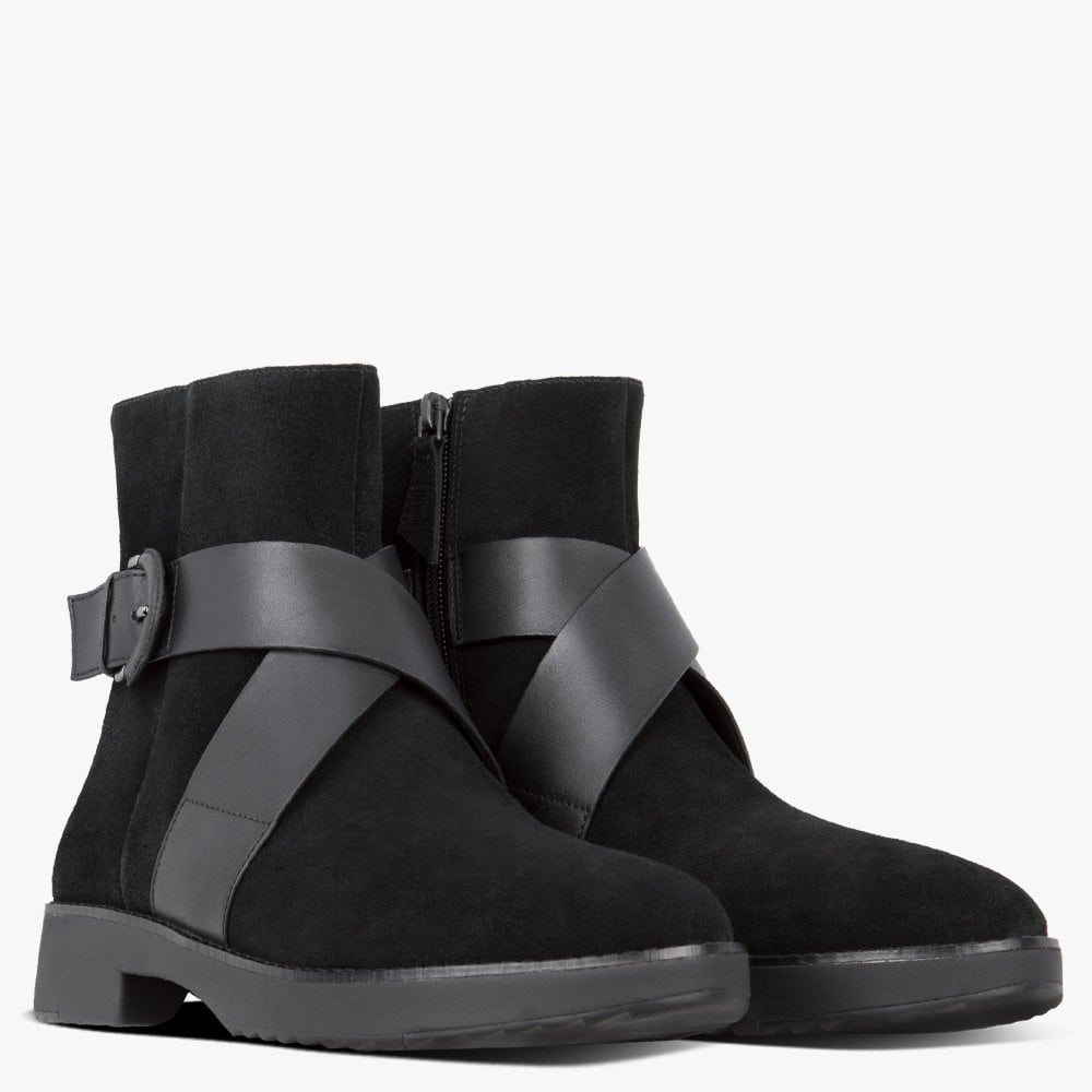 Mona Buckle All Black Suede Ankle Boots