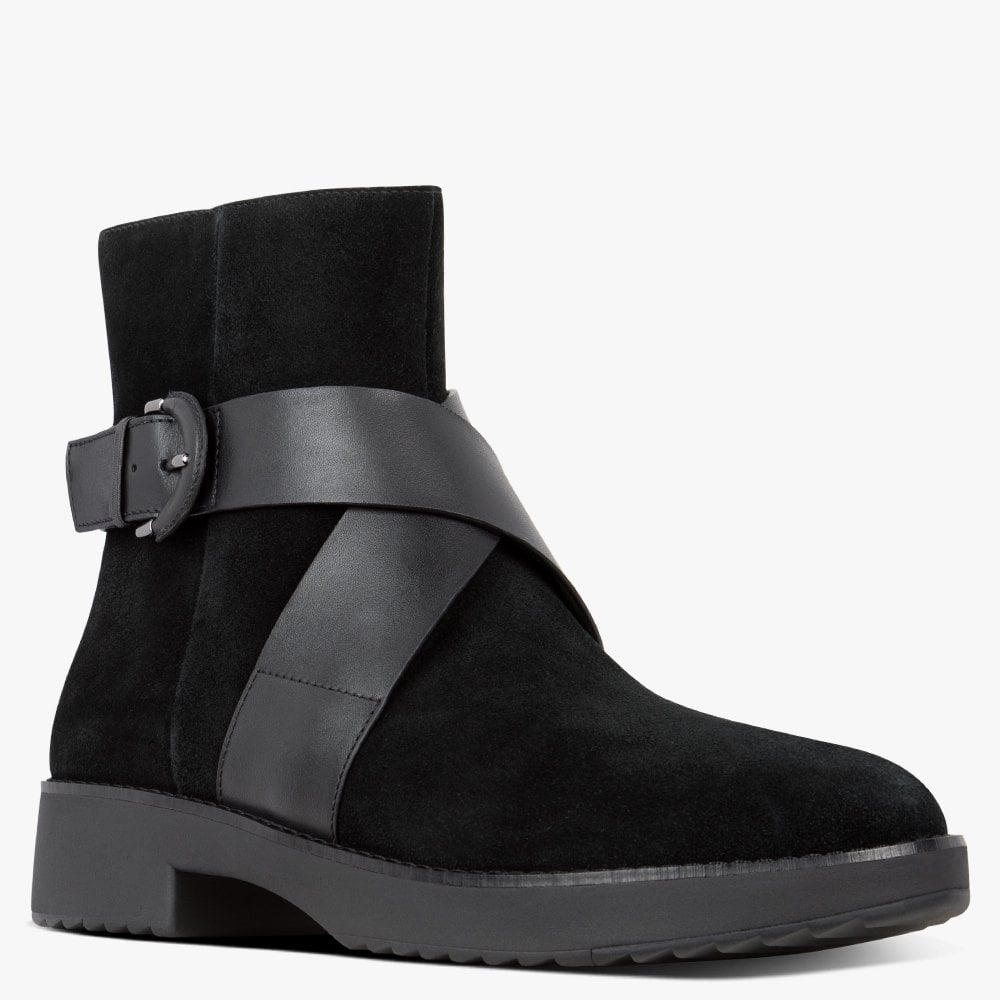 Mona Buckle All Black Suede Ankle Boots